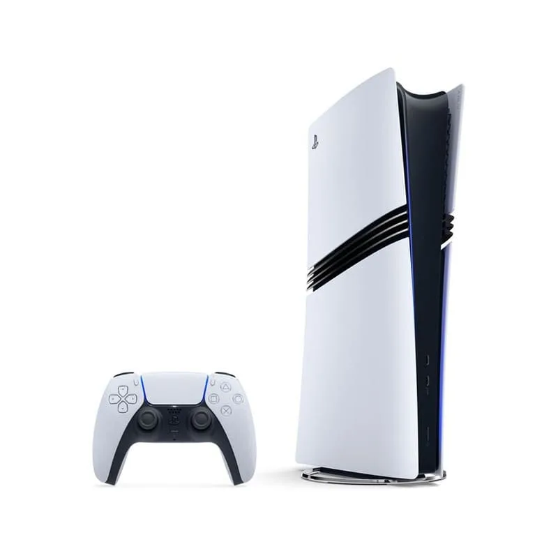 Sony PlayStation 5 Pro gaming console standing vertically with DualSense controller on a white background.