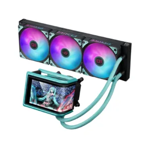 ASUS ROG RYUO IV 360mm Hatsune Miku Edition ARGB Liquid Cooler w/Movable Curved 6.67" AMOLED display - supports naked-eye video or customized system information, and pre-mounted daisy-chained ARGB fans with front and side lighting