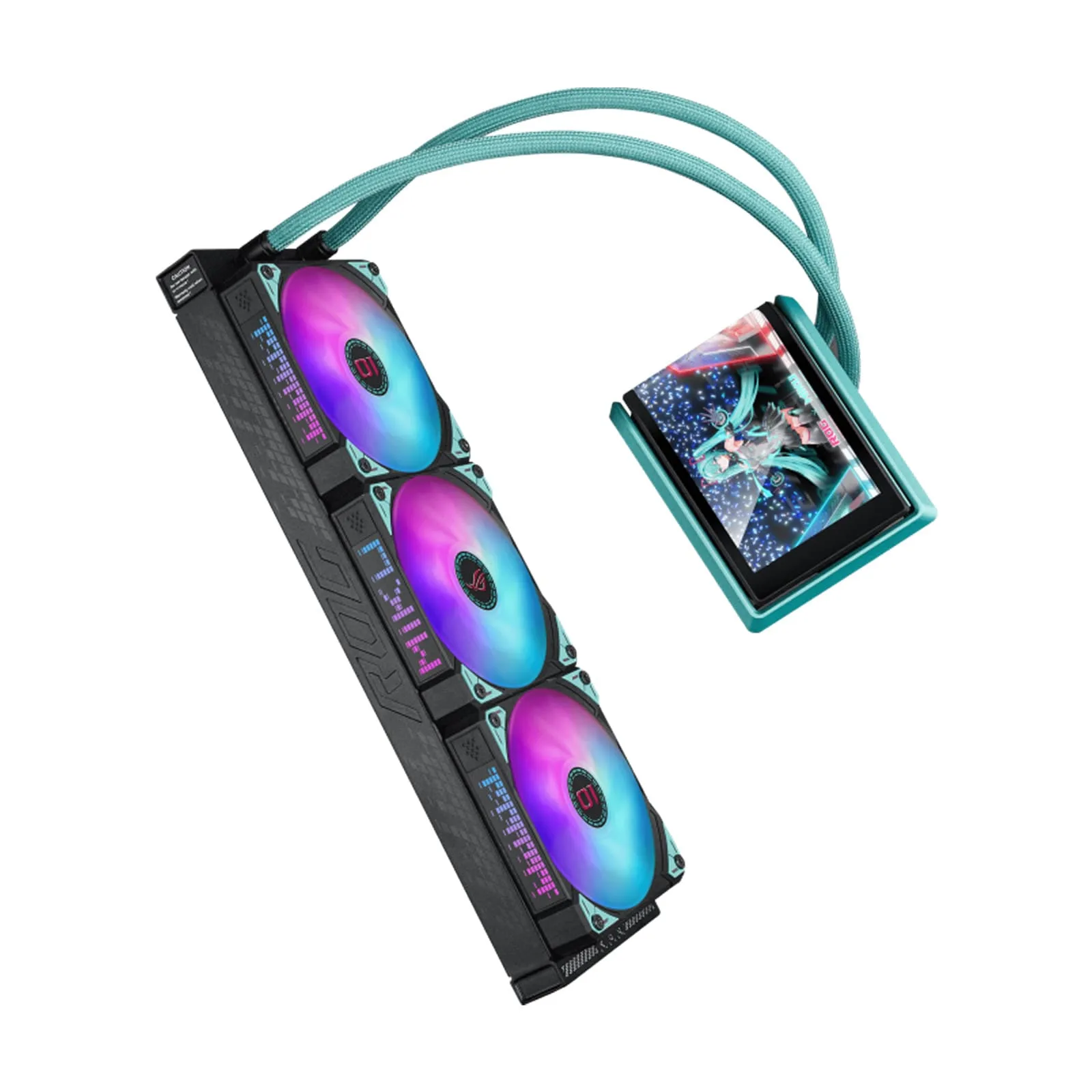 ASUS ROG RYUO IV 360mm Hatsune Miku Edition ARGB Liquid Cooler w/Movable Curved 6.67" AMOLED display - supports naked-eye video or customized system information, and pre-mounted daisy-chained ARGB fans with front and side lighting - Image 2