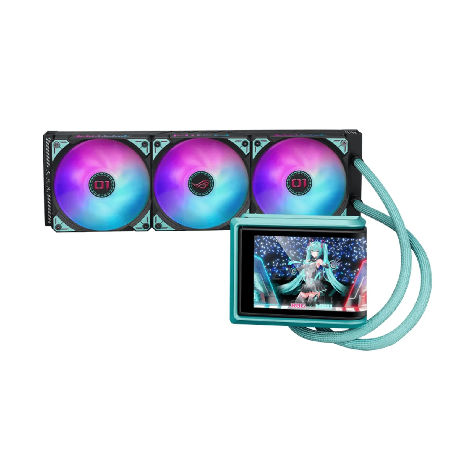 ASUS ROG RYUO IV 360mm Hatsune Miku Edition ARGB Liquid Cooler w/Movable Curved 6.67" AMOLED display - supports naked-eye video or customized system information, and pre-mounted daisy-chained ARGB fans with front and side lighting - Image 3