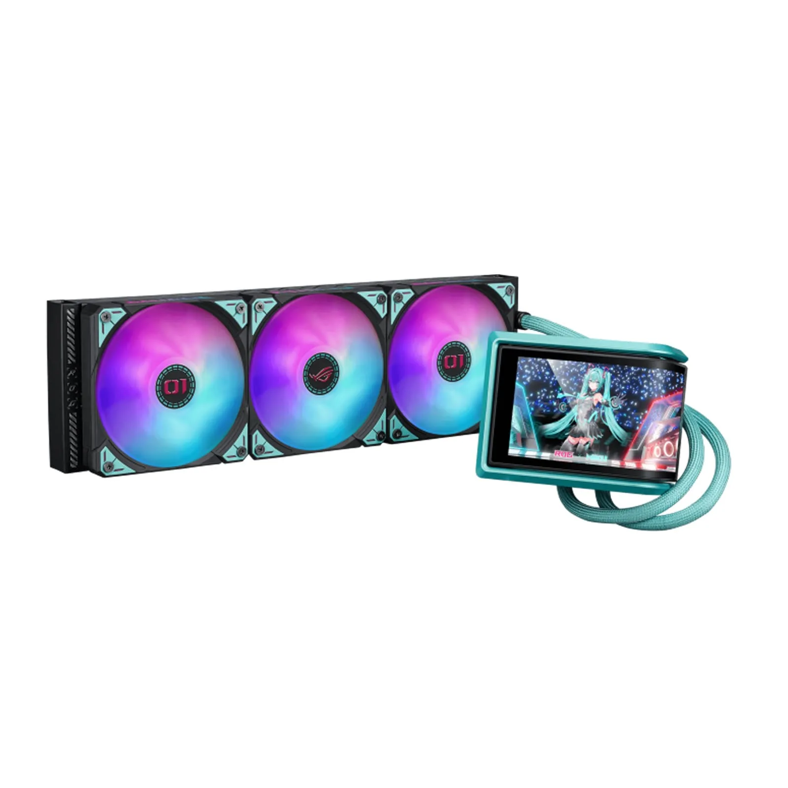 ASUS ROG RYUO IV 360mm Hatsune Miku Edition ARGB Liquid Cooler w/Movable Curved 6.67" AMOLED display - supports naked-eye video or customized system information, and pre-mounted daisy-chained ARGB fans with front and side lighting - Image 4