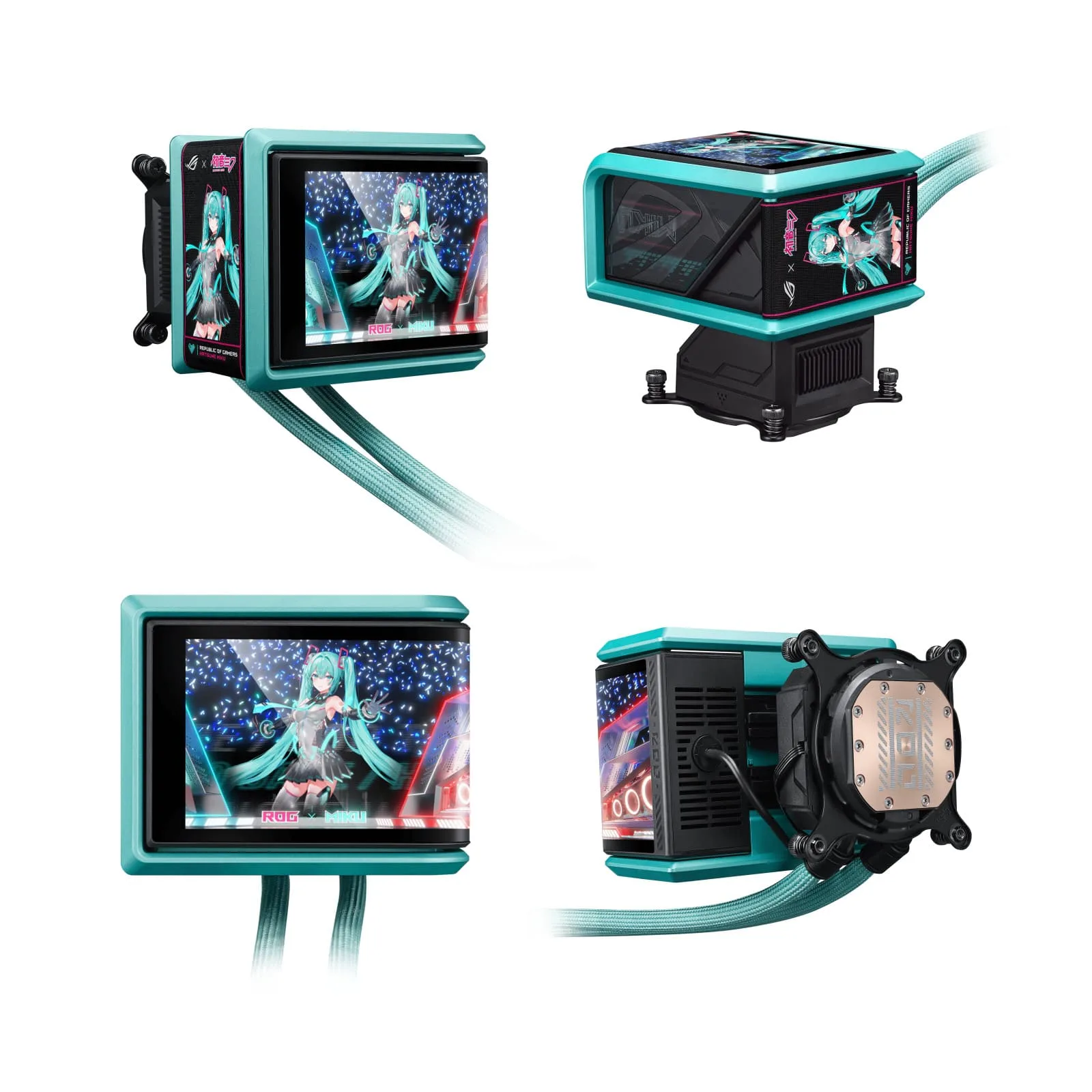 ASUS ROG RYUO IV 360mm Hatsune Miku Edition ARGB Liquid Cooler w/Movable Curved 6.67" AMOLED display - supports naked-eye video or customized system information, and pre-mounted daisy-chained ARGB fans with front and side lighting - Image 5