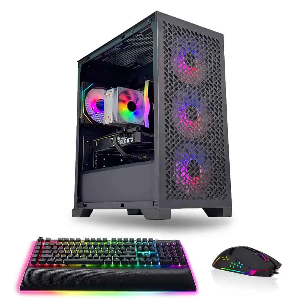 Black RGB gaming PC with GeForce RTX GPU, RGB keyboard, and RGB mouse bundle – Game Sekret Elite 302.