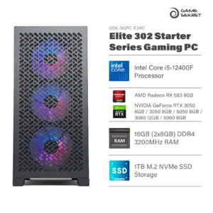 Game Sekret Elite 302 Starter Series Gaming PC with Intel Core i5-12400F, RTX or RX GPU, 16GB DDR4 RAM, and 1TB NVMe SSD.