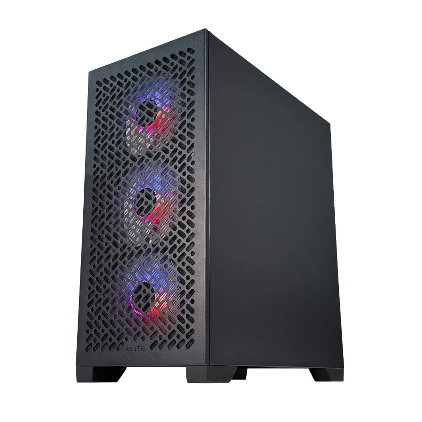 Black Elite 302 gaming PC case with triple RGB front fans and high-airflow mesh panel.