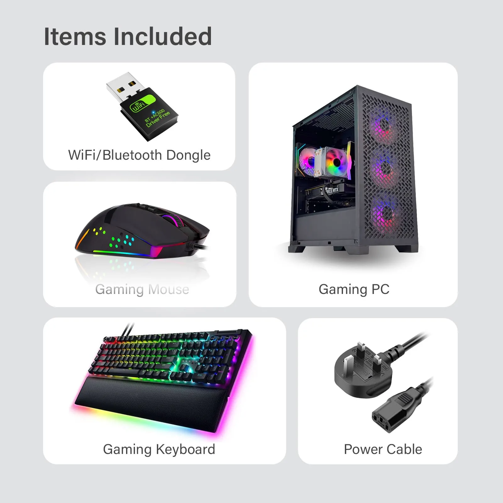 Game Sekret Elite 302 Black Edition gaming PC bundle with WiFi/Bluetooth dongle, RGB keyboard, RGB mouse, and power cable.