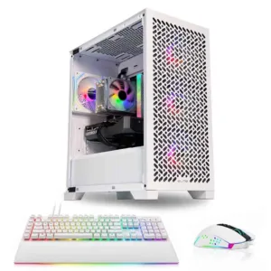 White RGB gaming PC with GeForce RTX GPU, RGB keyboard, and RGB mouse bundle – Game Sekret Elite 302.