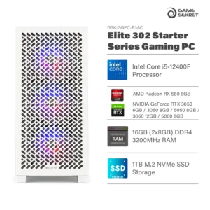 Game Sekret Elite 302 Starter Series Gaming PC with Intel Core i5-12400F, RTX or RX GPU, 16GB DDR4 RAM, and 1TB NVMe SSD.