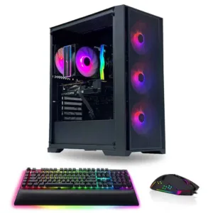 Black RGB gaming PC with GeForce RTX GPU, RGB keyboard, and RGB mouse bundle.