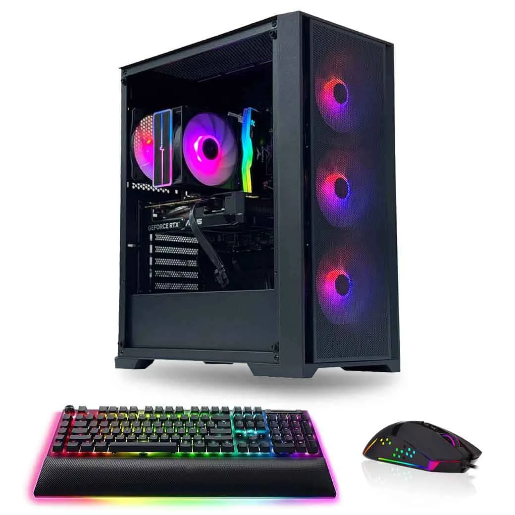 Black RGB gaming PC with GeForce RTX GPU, RGB keyboard, and RGB mouse bundle.