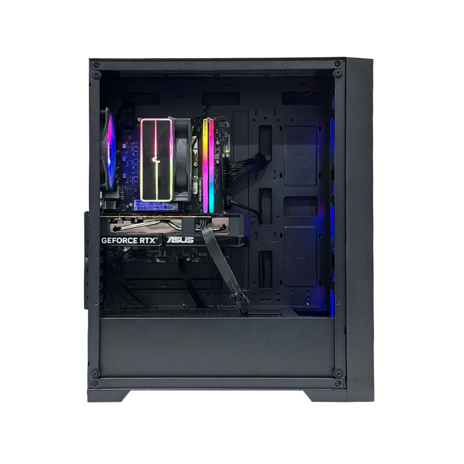 Black gaming PC interior with ASUS GeForce RTX GPU, RGB cooler, and RGB RAM modules.