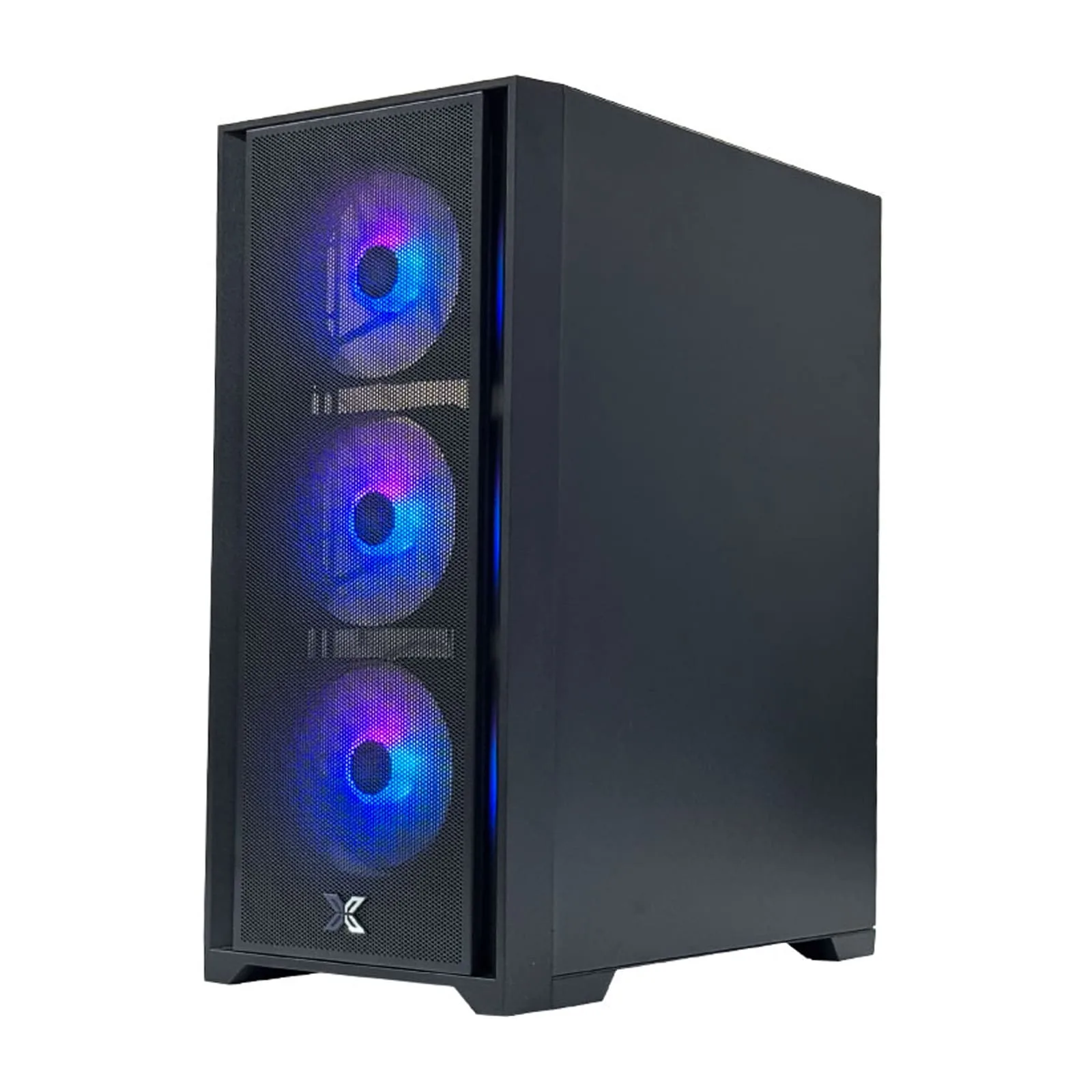 Black mid-tower gaming PC case with triple front RGB fans and mesh panel.