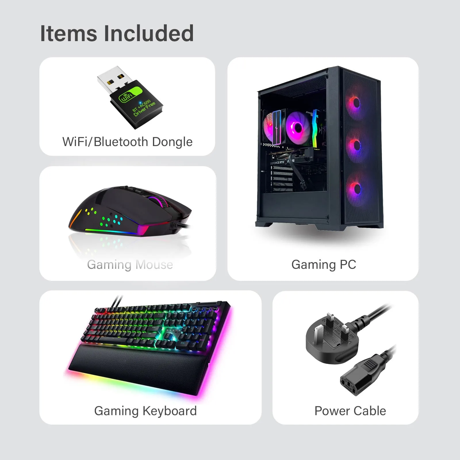 Black RGB gaming PC bundle including WiFi/Bluetooth dongle, RGB keyboard, RGB mouse, and power cable.