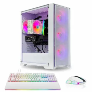 White RGB gaming PC with GeForce RTX GPU, RGB keyboard, and RGB gaming mouse bundle.