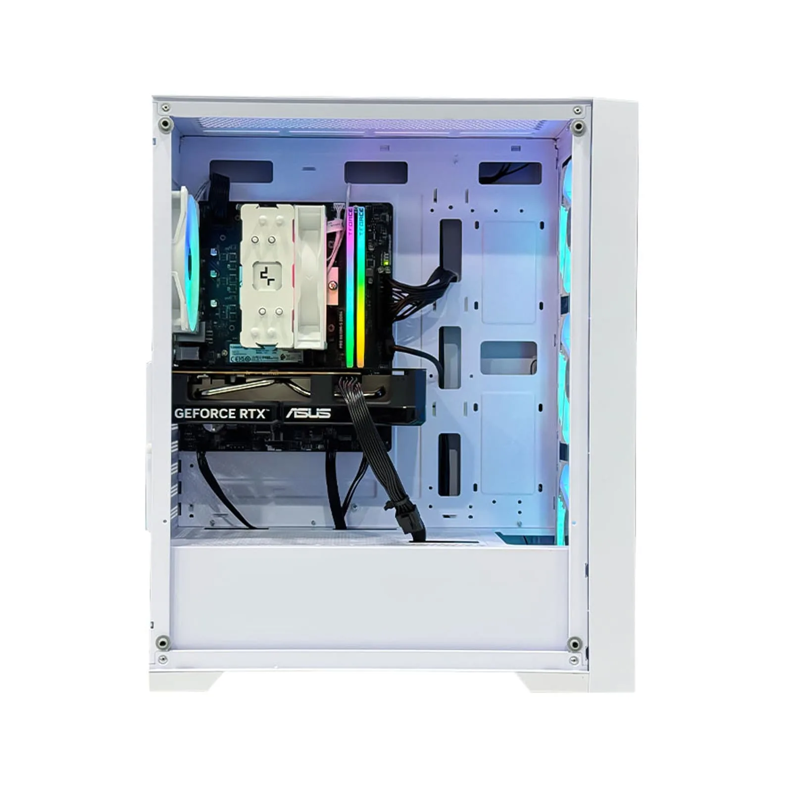 White gaming PC interior showing ASUS GeForce RTX GPU, RGB RAM, and air cooler setup.