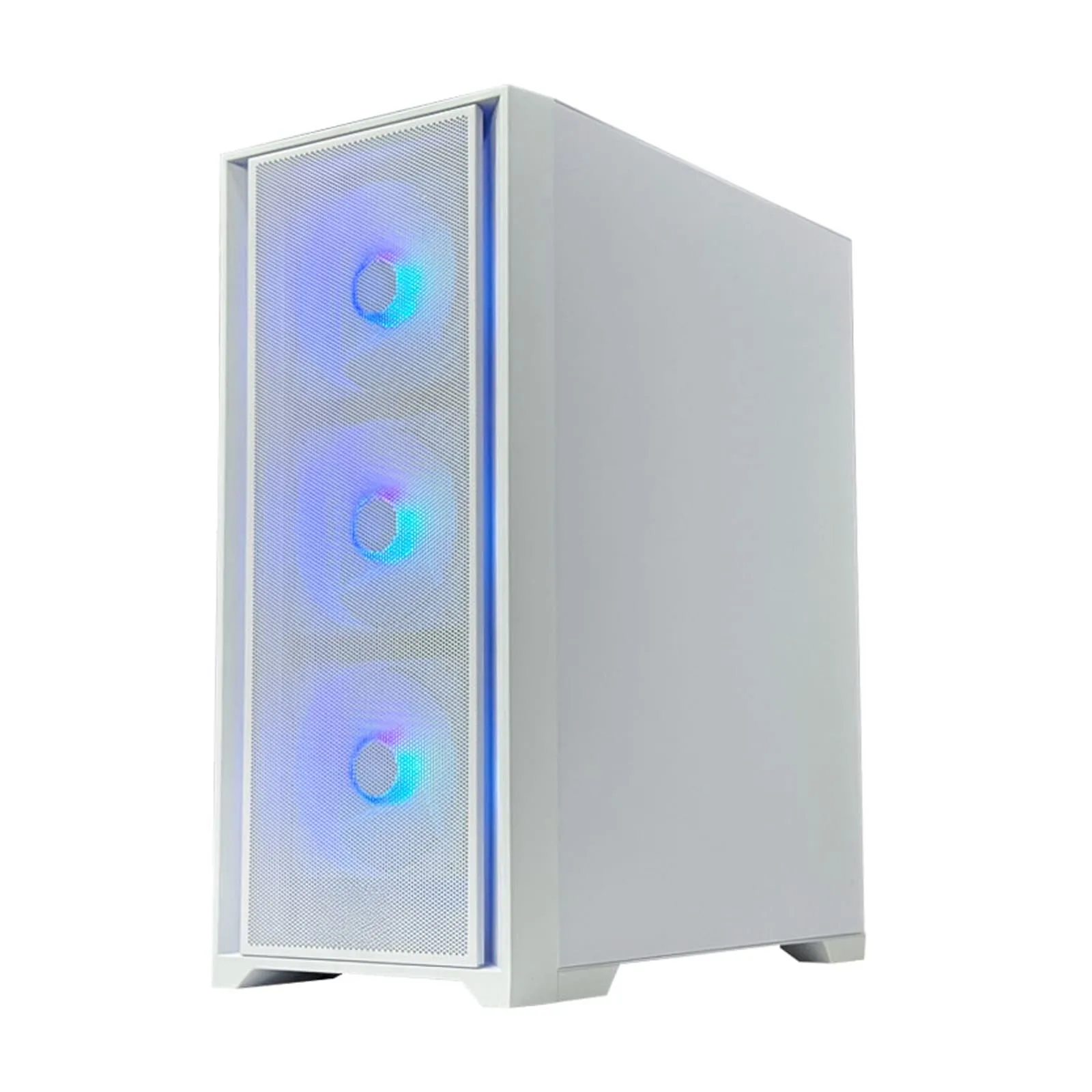 White mid-tower gaming PC case with triple front RGB fans and mesh panel for airflow.