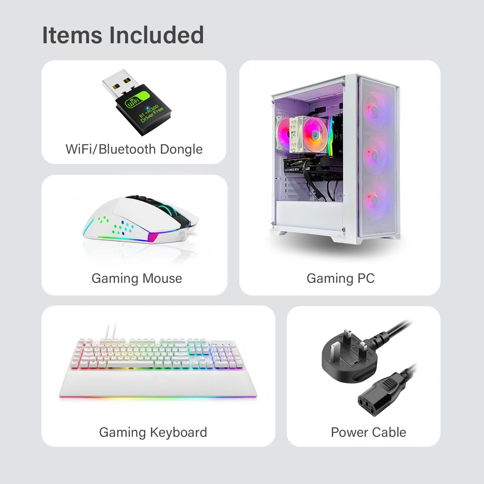 Gaming PC bundle including WiFi/Bluetooth dongle, gaming mouse, gaming keyboard, power cable, and RGB gaming desktop.