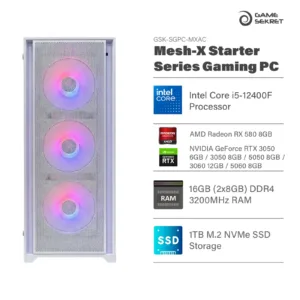 Game Sekret Mesh-X Starter Series Gaming PC with Intel Core i5-12400F, 16GB DDR4 RAM, and 1TB NVMe SSD.