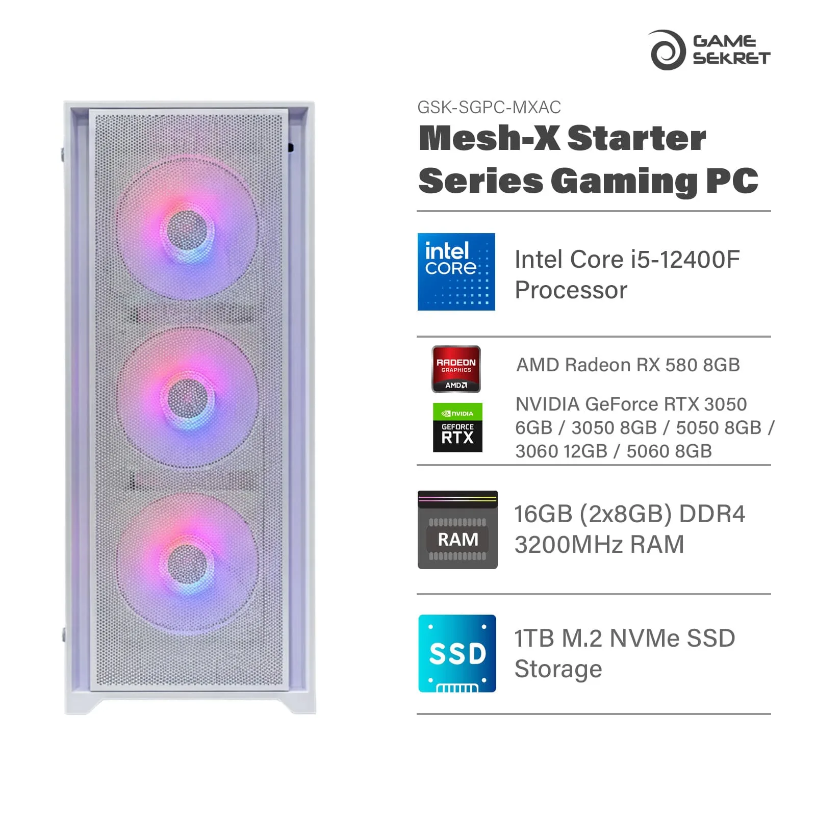 Game Sekret Mesh-X Starter Series Gaming PC with Intel Core i5-12400F, 16GB DDR4 RAM, and 1TB NVMe SSD.