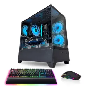 Game Sekret Nova Air Black Edition gaming PC bundle with RGB keyboard, mouse, and blue LED cooling system.