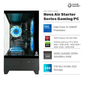 Game Sekret Nova Air Black Edition gaming PC with Intel Core i5-12400F, GeForce RTX GPU, and RGB cooling fans.
