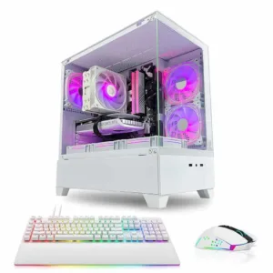 Game Sekret Nova Air white RGB gaming PC bundle with keyboard and mouse, featuring Intel Core i5 and GeForce RTX GPU.