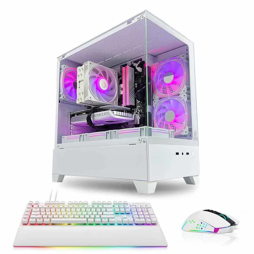Game Sekret Nova Air white RGB gaming PC bundle with keyboard and mouse, featuring Intel Core i5 and GeForce RTX GPU.