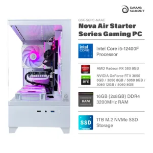 Game Sekret Nova Air Starter Series white RGB gaming PC with Intel Core i5 processor and NVIDIA GeForce RTX graphics.