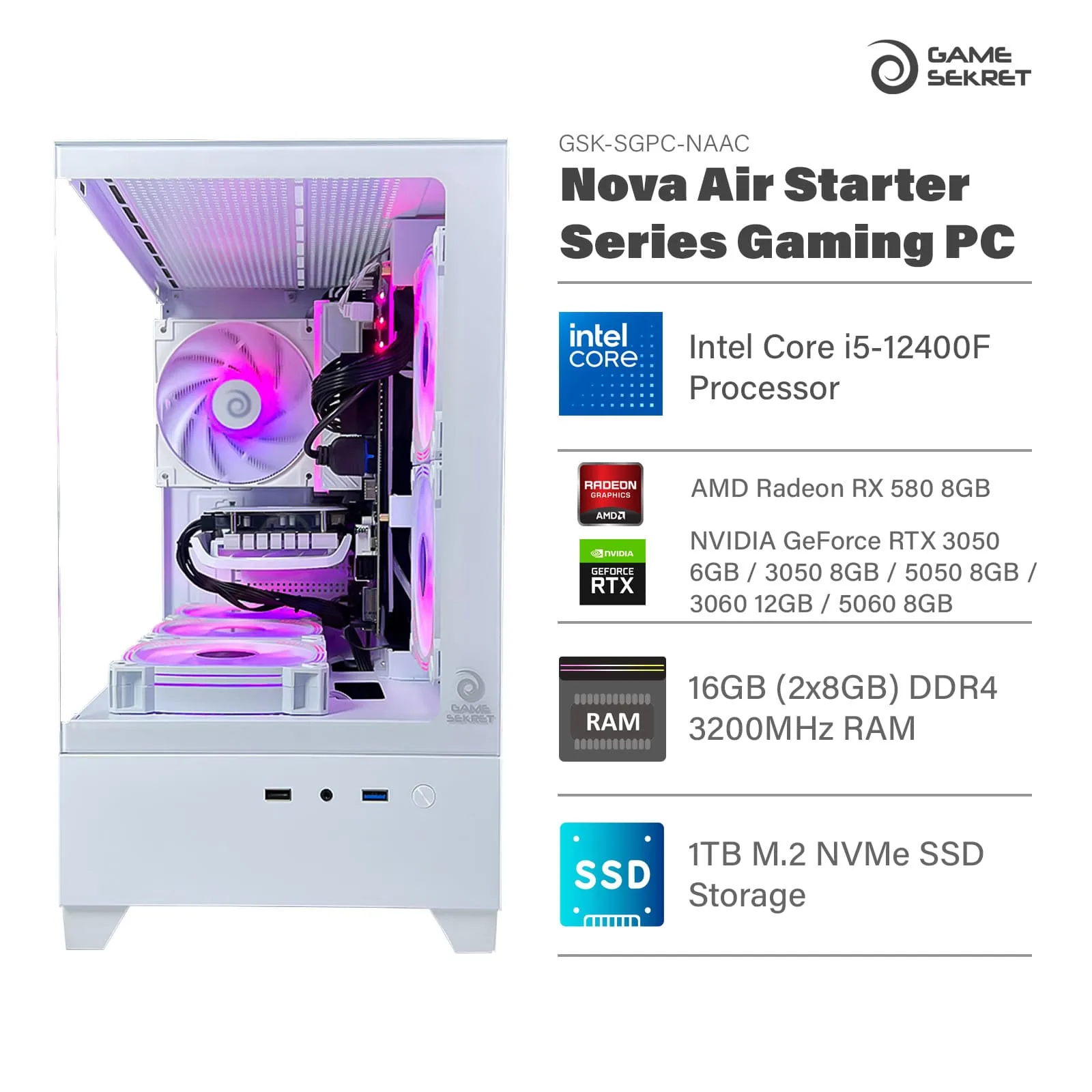 Game Sekret Nova Air Starter Series white RGB gaming PC with Intel Core i5 processor and NVIDIA GeForce RTX graphics.