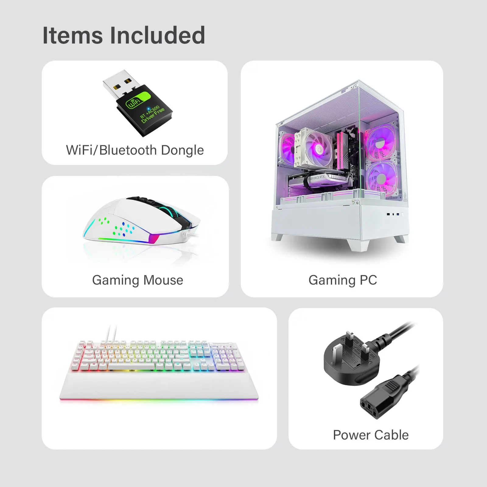 Game Sekret Nova Air White Edition bundle contents including gaming PC, RGB keyboard, mouse, WiFi Bluetooth dongle, and power cable.