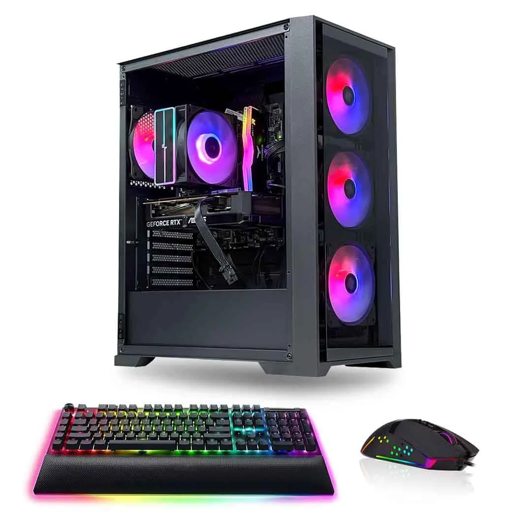 Black RGB gaming PC with GeForce RTX GPU, RGB keyboard, and RGB mouse bundle – Game Sekret Quantum Series.