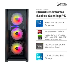 Game Sekret Quantum Starter Series Gaming PC with Intel Core i5-12400F, RTX or RX GPU, 16GB DDR4 RAM, and 1TB NVMe SSD.