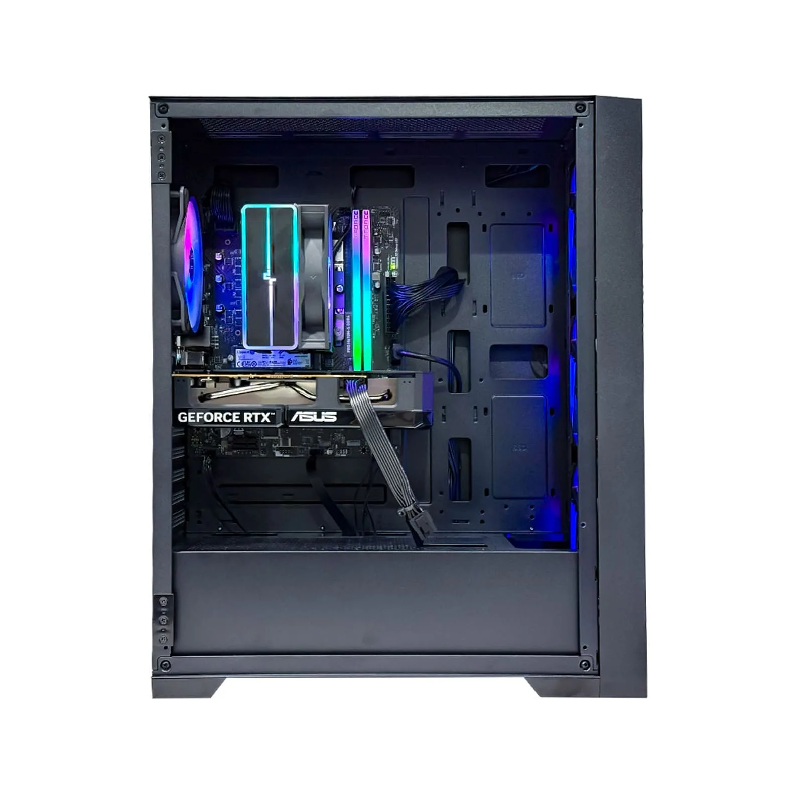 Interior of Game Sekret Quantum Starter Series Gaming PC showing ASUS GeForce RTX GPU, RGB cooling, and cable management.