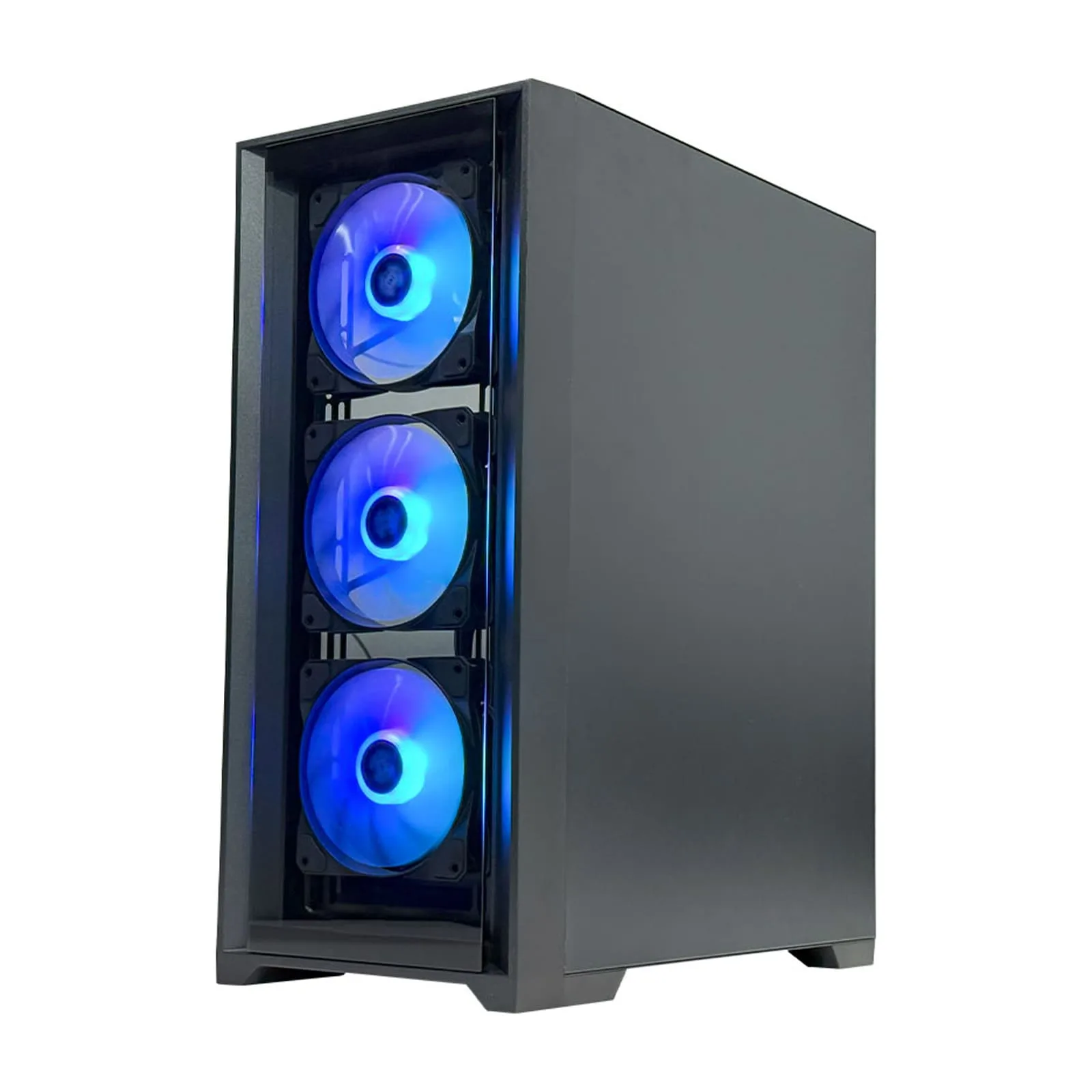 Game Sekret Quantum Series black gaming PC with triple front RGB fans and tempered glass panel.