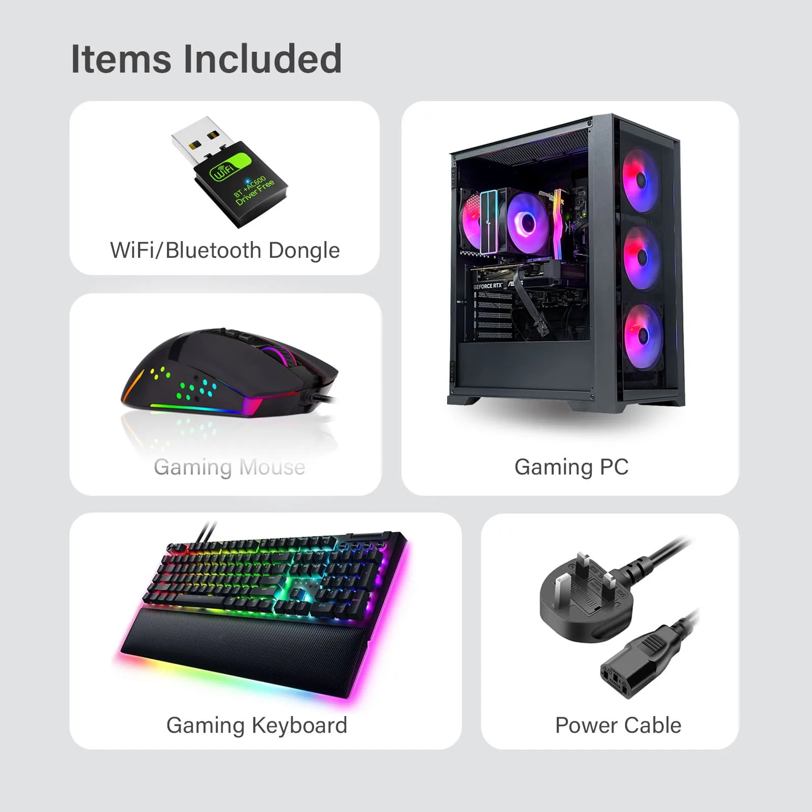 Game Sekret Quantum Gaming PC bundle with WiFi/Bluetooth dongle, RGB keyboard, RGB mouse, and power cable.