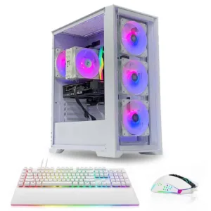 Game Sekret Quantum Series white RGB gaming PC bundle with RGB keyboard and mouse.