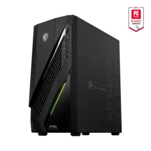 MSI MAG Infinite E1 black gaming desktop tower with RGB lighting and MSI Arsenal Gaming logo, front ports visible.